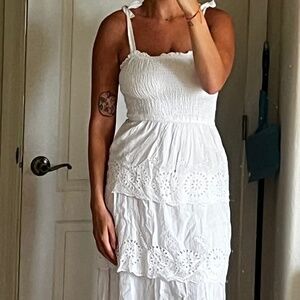 3 Tiered White Ruffle Smock Dress